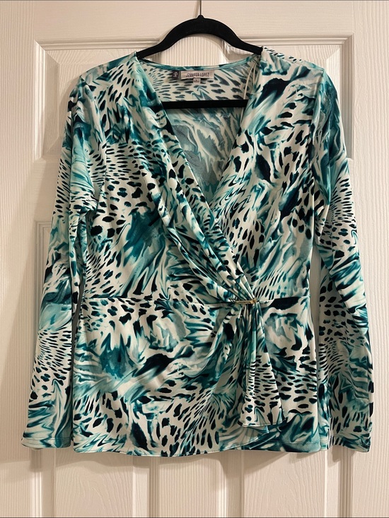 Jennifer Lopez Tops - Jennifer Lopez Teal and White Abstract Surplice Top